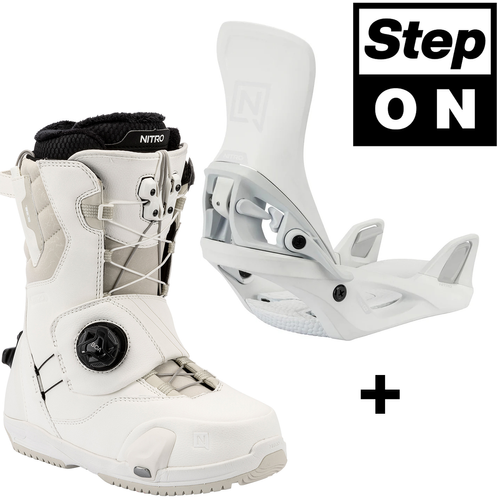 NITRO Step On ® + Cave TLS 2026: damskie wiązania i buty snowboardowe | HEAT Modlable | BOA ® | The Ultimate Fit & Convenient Interface | white & white